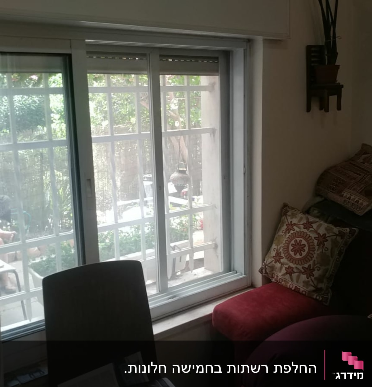 חלון אלומיניום עם מסגרת לבנה